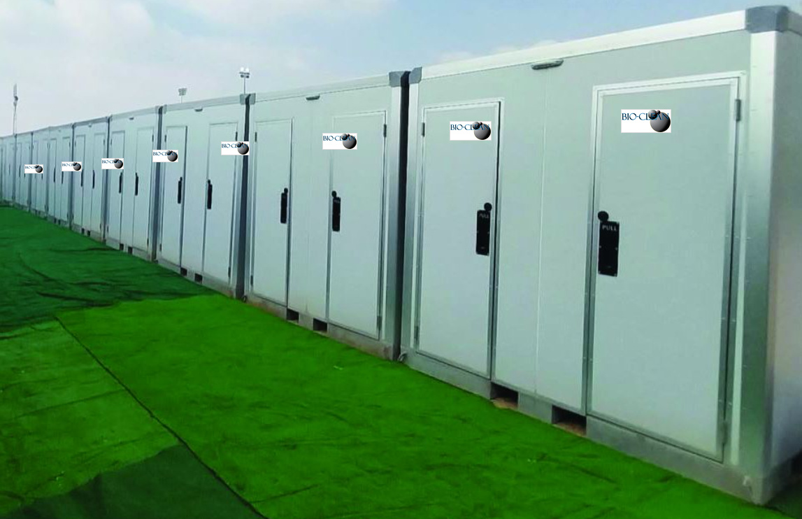 A row of ECOLOO restroom units set up at an event