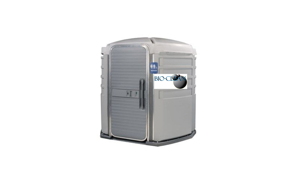 The We'll Care portable toilet unit in grey with accessible entry