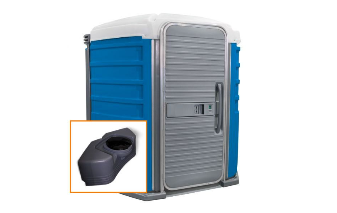 The We'll Care portable toilet unit in blue with holding tank inset