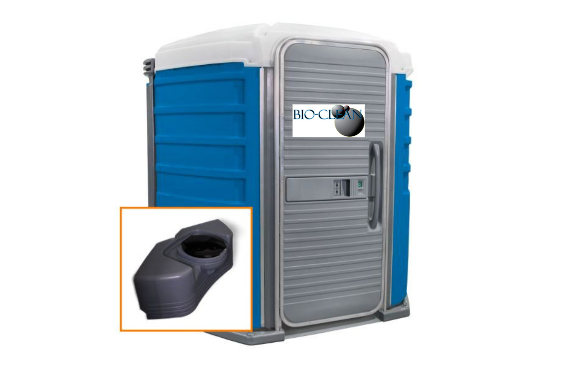 The We'll Care portable toilet unit in blue with holding tank inset