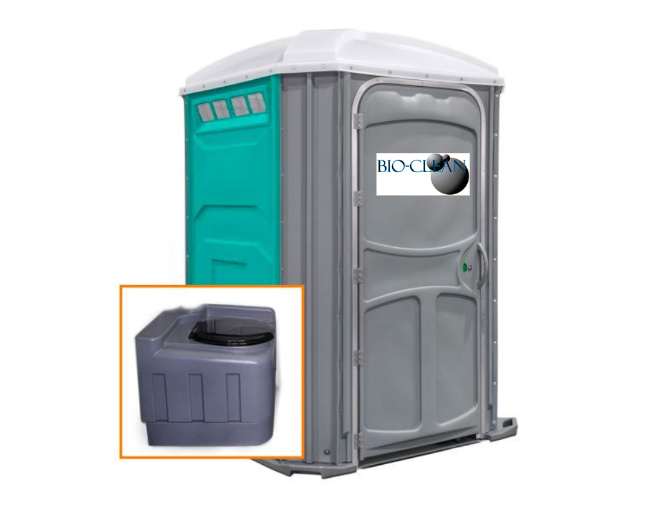 The Comfort XL portable toilet unit in teal with holding tank inset