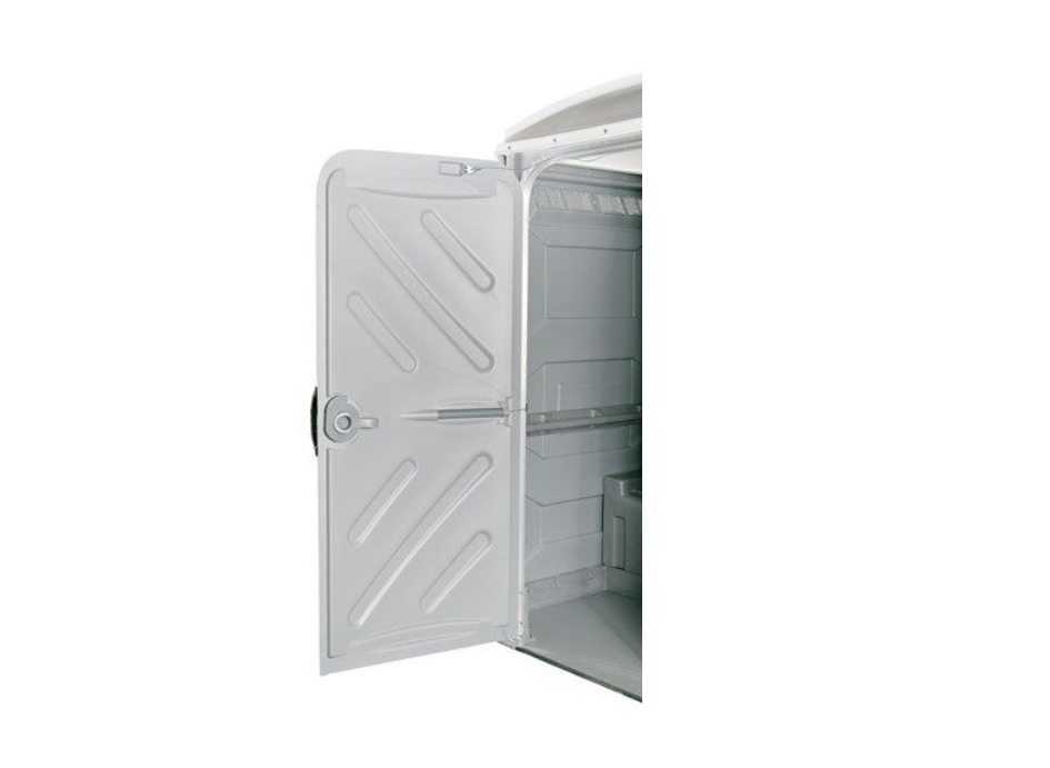 The Comfort XLT portable toilet unit with the door open showing the roomy entry