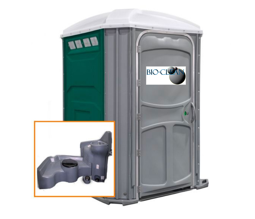 The Comfort XLT portable toilet unit in green with holding tank inset