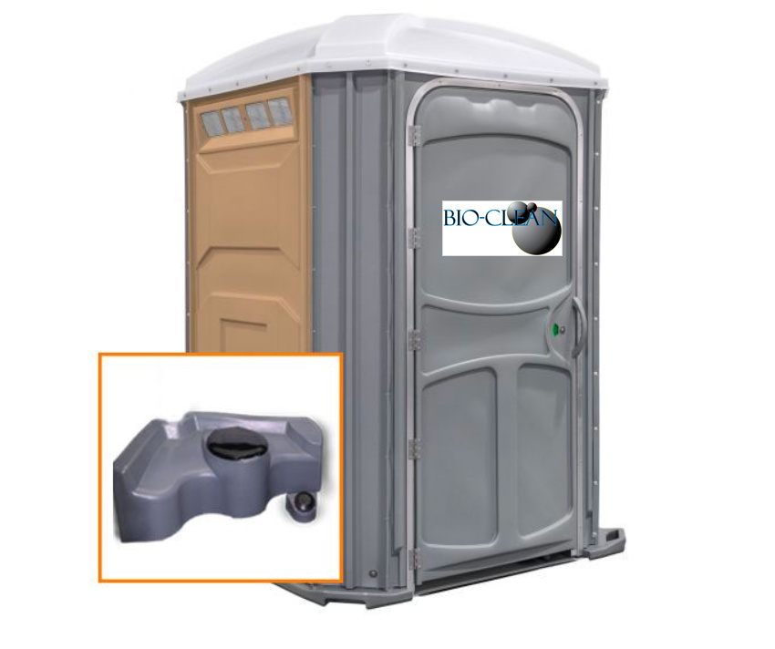 The Comfort XLT portable toilet unit in tan with holding tank inset
