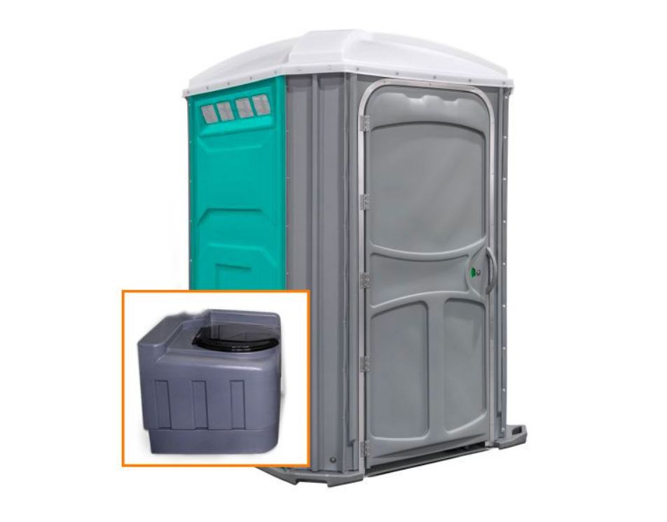 The Comfort XL portable toilet unit in teal with holding tank inset